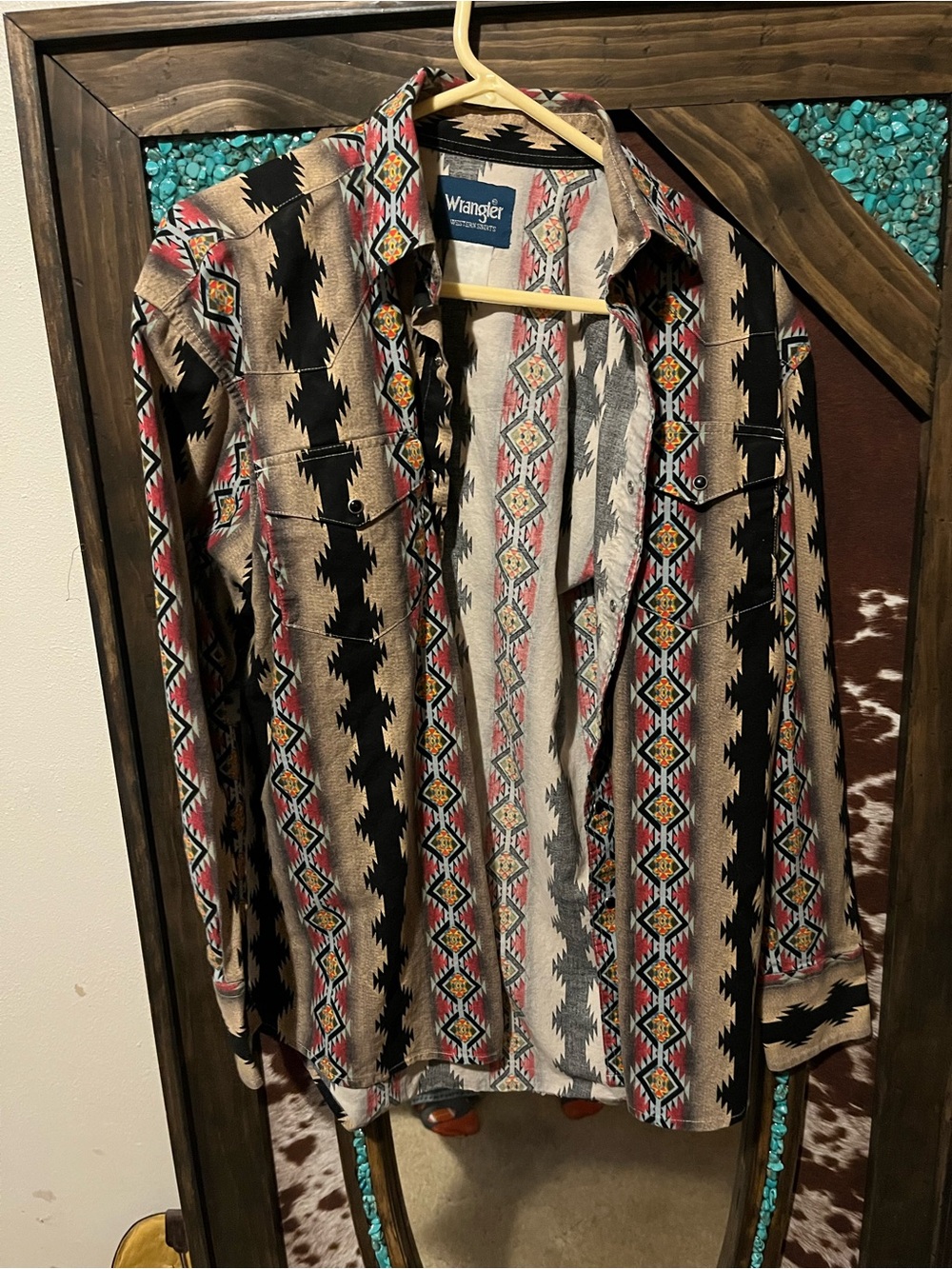 Wrangler Men’s Tribal Print Button-Down Shirt - Tan, Black & Red Accents
